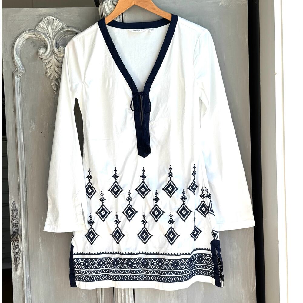 Athleta Desert Diamond Kimssa Tunic Dress XS White Navy Embroidered